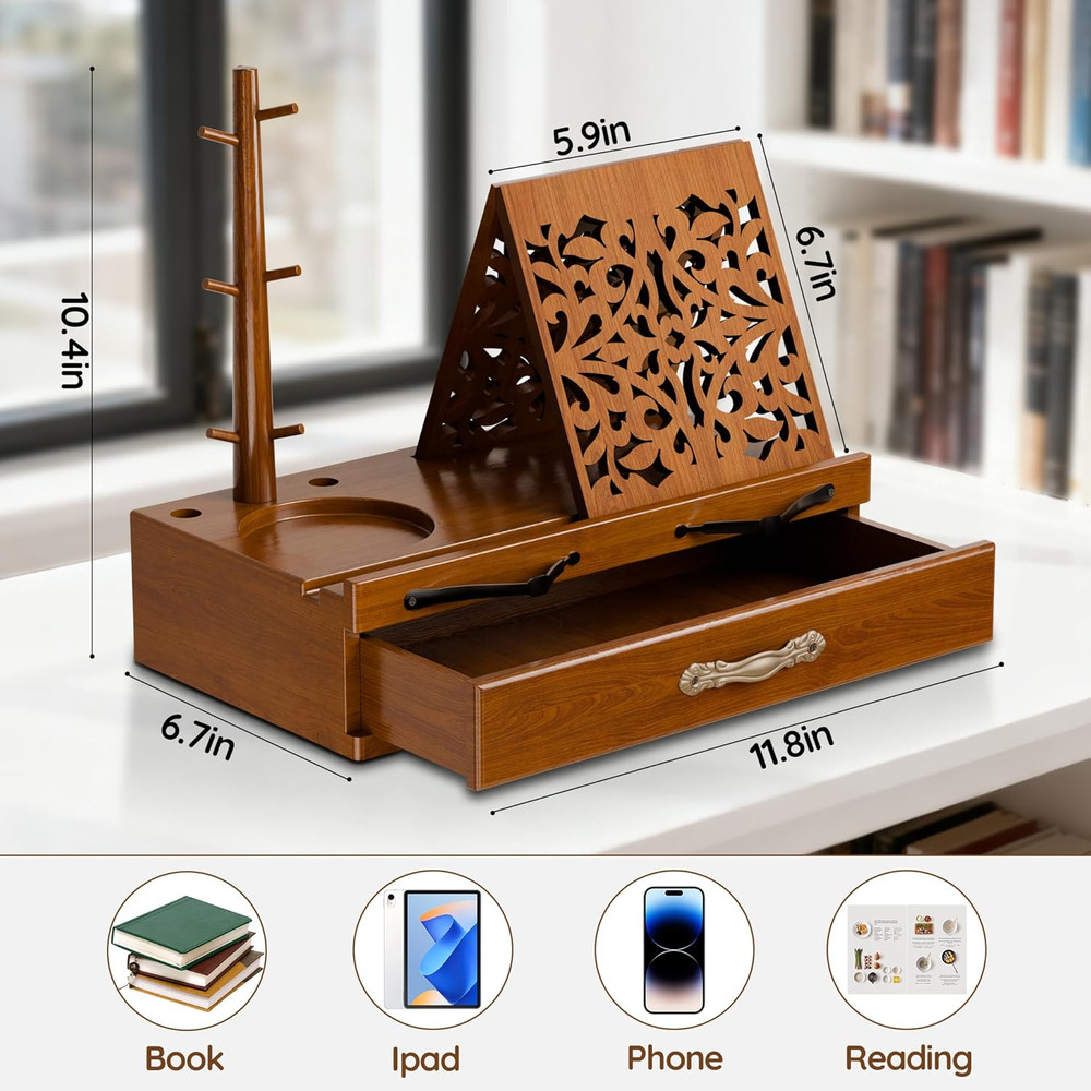 Adjustable Wooden Book Stand with Storage - Multi-Function Hands Free Book Holde