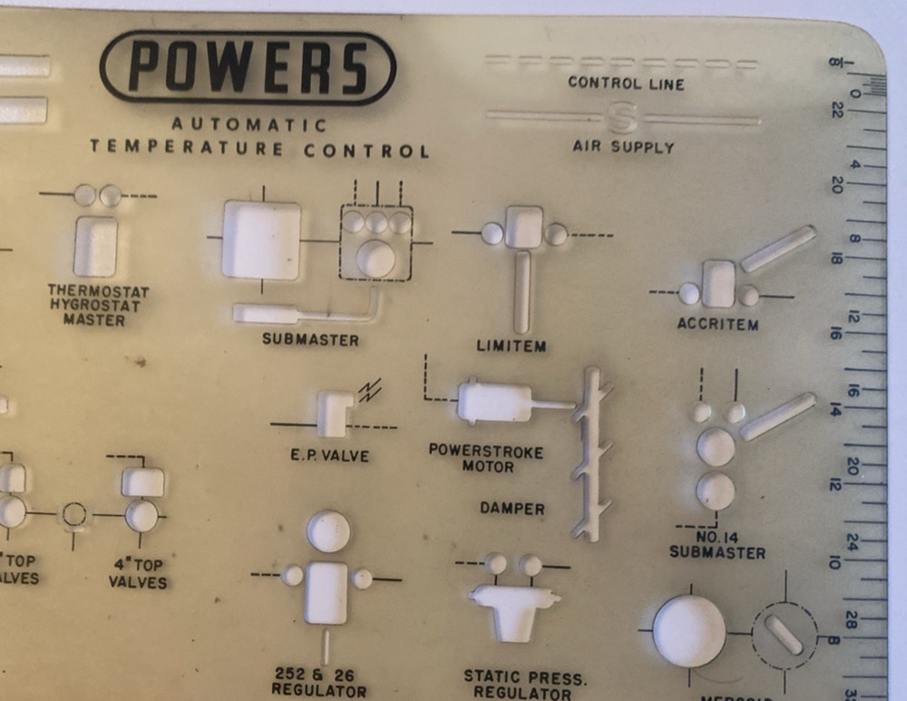 Vtg Powers Regulator Co /Watts Water Tech Drafting Template Automatic Temp Cntrl