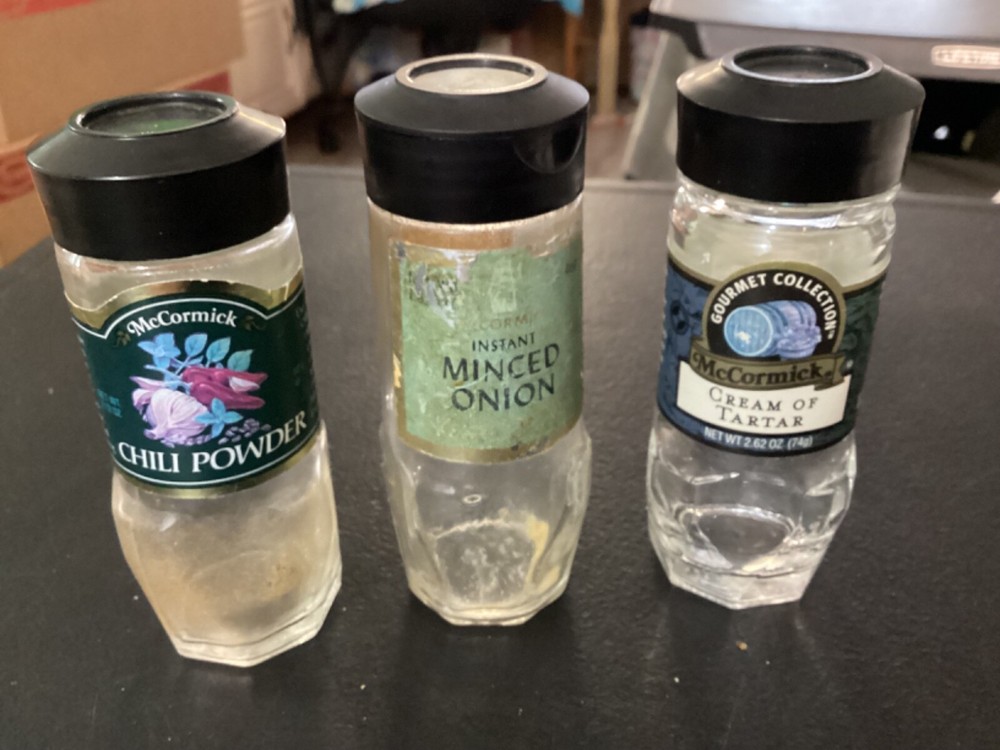 (3) Glass Black Top McCormick Empty Spice Bottles