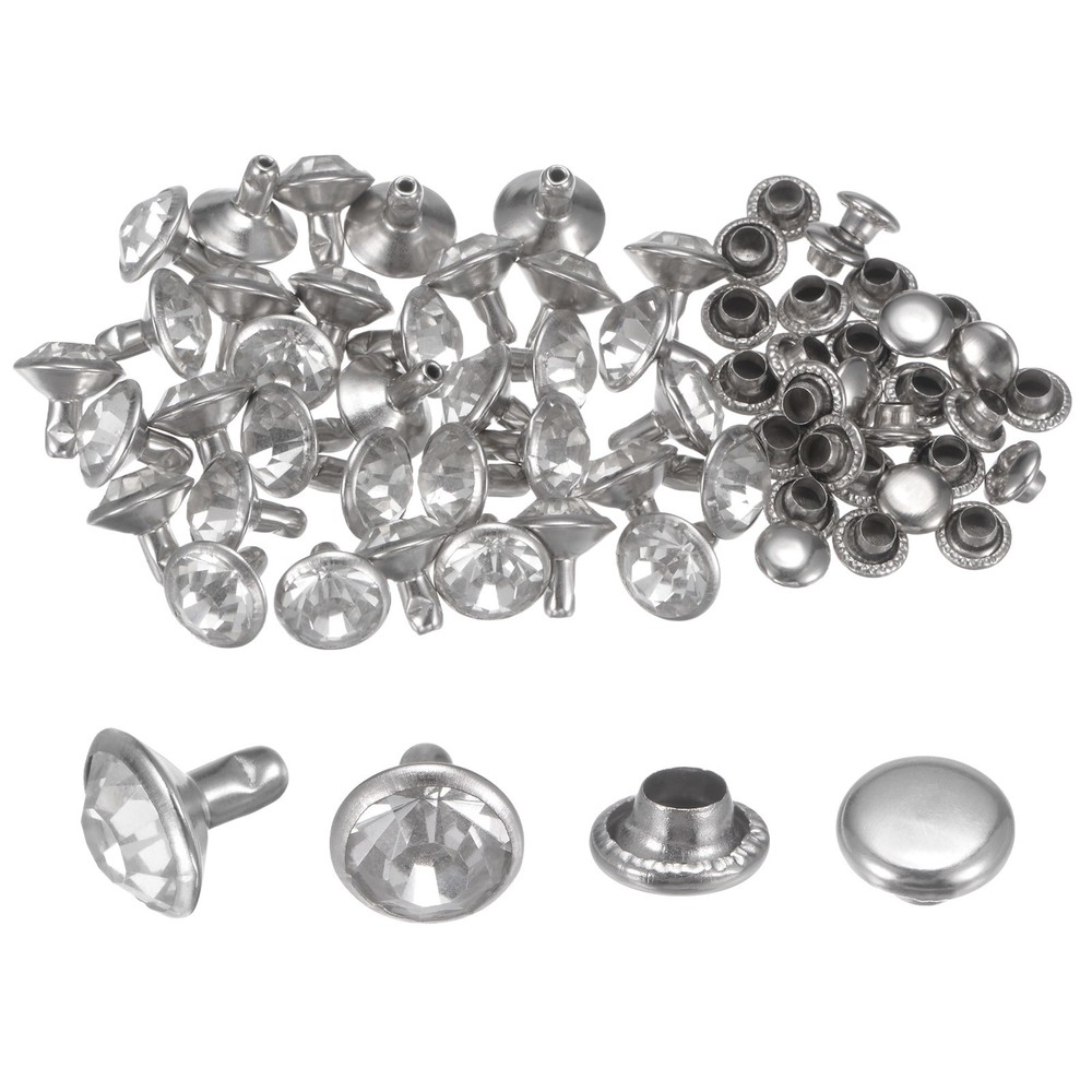 50pcs Crystal Rivets 9mm Rhinestone Rivets Rapid Stud Rivets, Silver