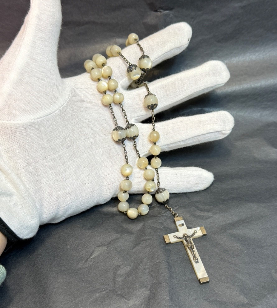 Victorian Big Rosary Filigree Silver MOP Mother Of Pearl Communion 2'' Crucifix