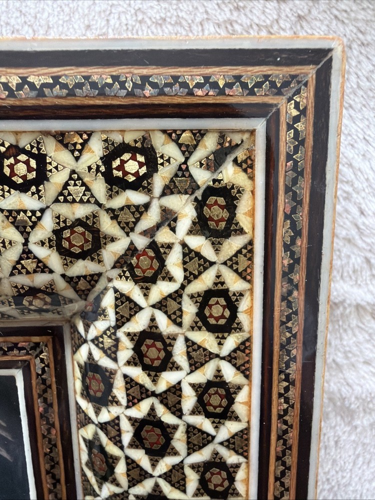 Vintage Middle Eastern Khatam Frame with Copper Bird Art