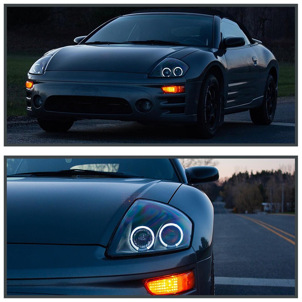 Black Fits 2000-2005 Mitsubishi Eclipse LED Halo Projector Headlights Left+Right