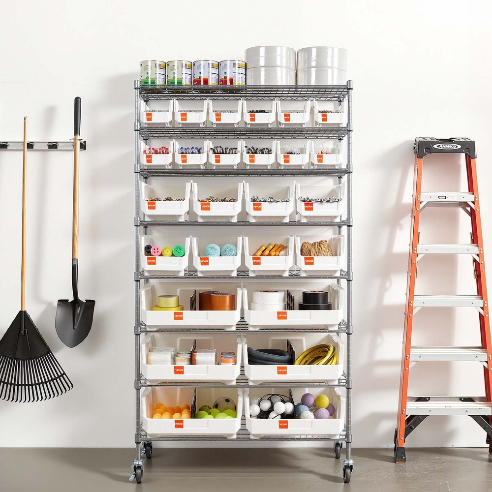 VEVOR Rolling Bin Storage Rack 8-Tier Bin Rack Storage System with 26 Bins