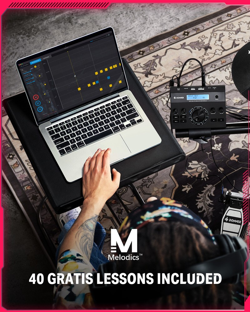 Donner DED-200 Lite Electric Drum Set + Melodics Online Lessons Headphone Throne