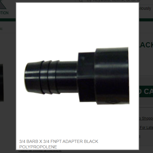 3/4 BARB X 3/4 FNPT ADAPTER BLACK POLYPROPOLENE # 411054