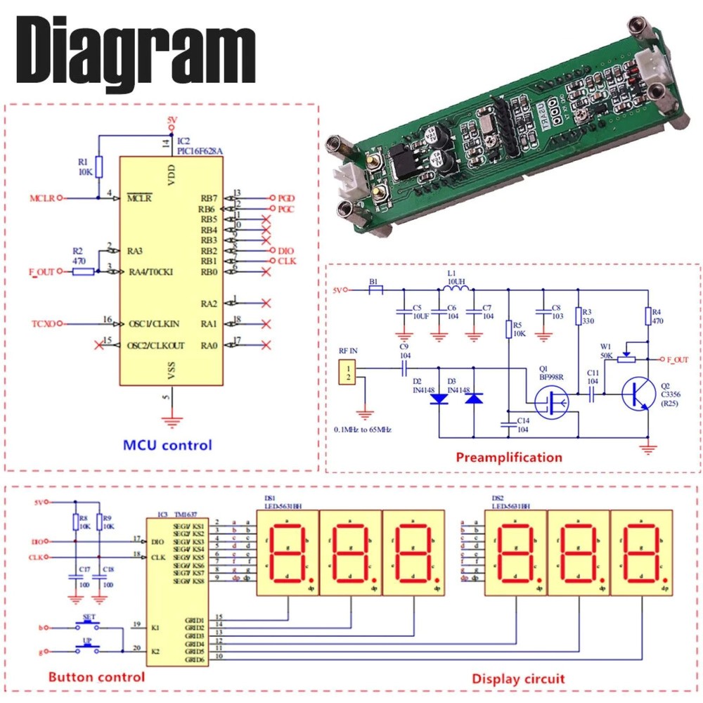 New PCB Frequency Counter Module 0.1-65MHz RF Input 6-Digit Red LED PLJ-6LED