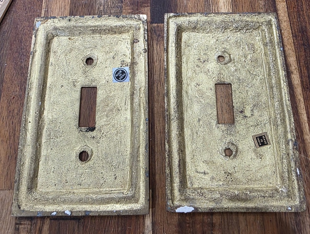 2 Vintage Solid Brass Gold Tone Single Light Switch Plate Cover Rope Pattern
