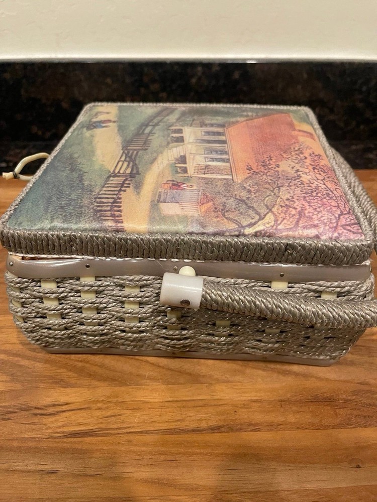 Vintage Weaved String & Fabric Sewing Basket