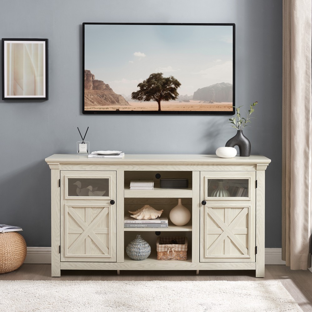 White Farmhouse TV Stand with Storage & Barn Doors, Media Console
