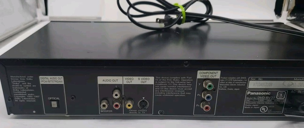 Panasonic DVD-RV31 DVD Player. Component/Subwoofer Out + Replacement Remote. vg+