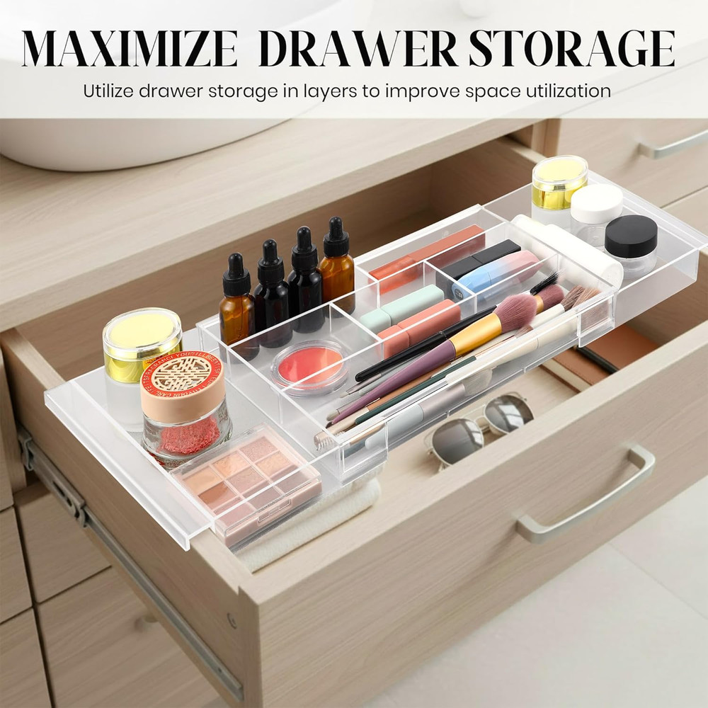 2Pack Shallow Expandable Drawer Organizer, Adjustable 12.5”–20” Clear Plastic Dr