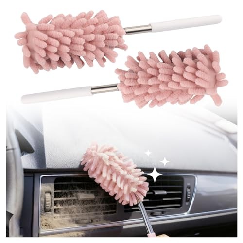 2PCS Car Duster Interior with Bendable Head & Retractable Extension Pole,Pink