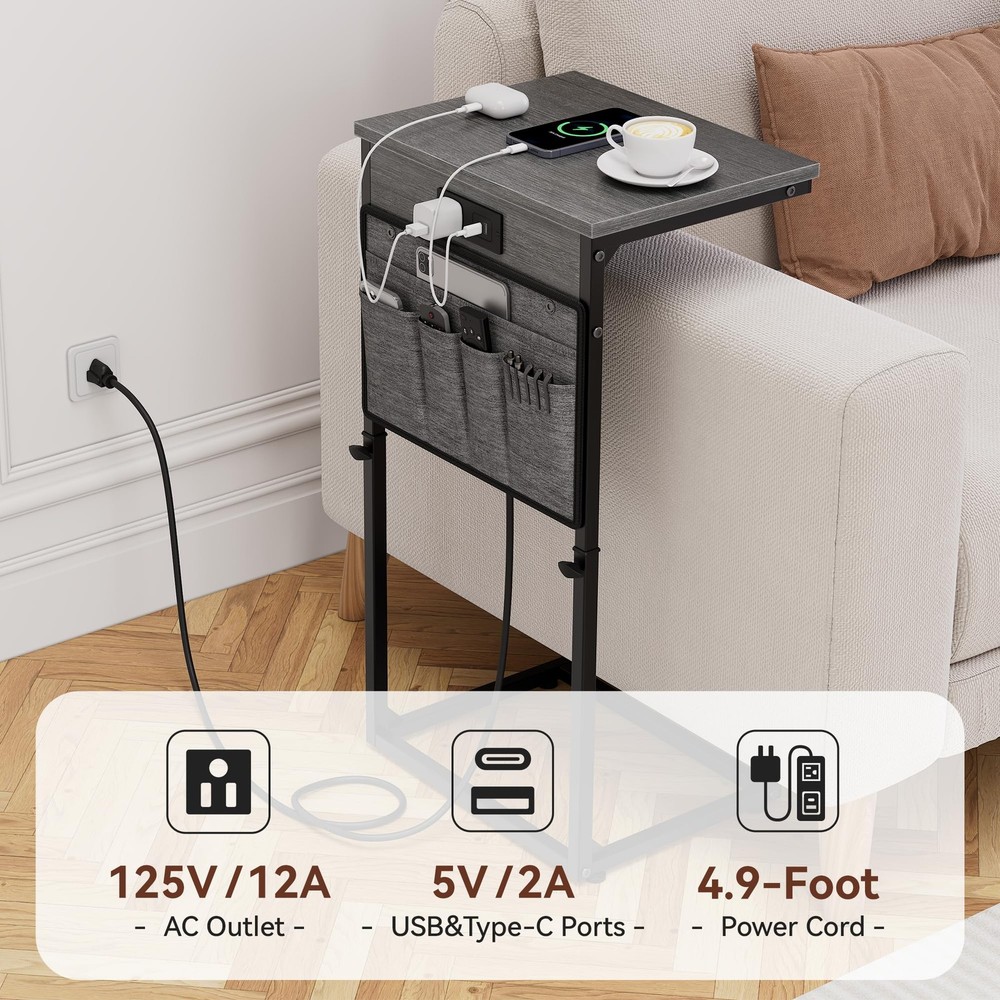 C Shaped End Table with Charging Station, 33" Tall Side Table for Couch, Sofa...