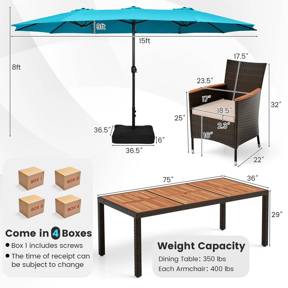 11PCS Patio Wicker Dining Set w/Double-Sided Outdoor Umbrella 8 Stackable Chairs