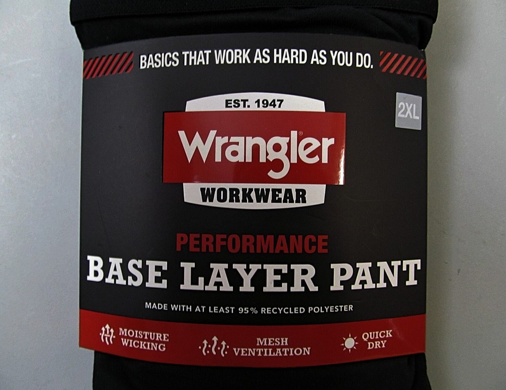 Wrangler Workwear Performance Base Layer Pant Mens 2XL Black Quick Dry New