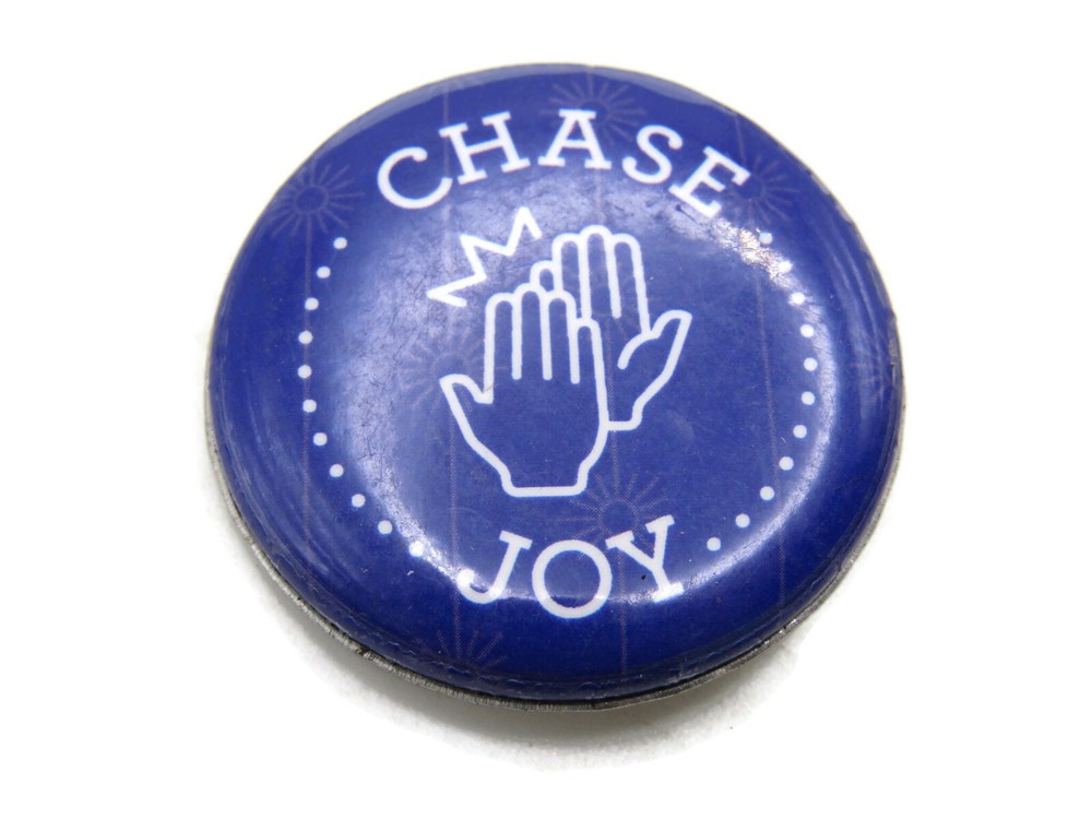 "Chase Joy" Pinback Button Inspirational Slogan High Five Hands Blue White