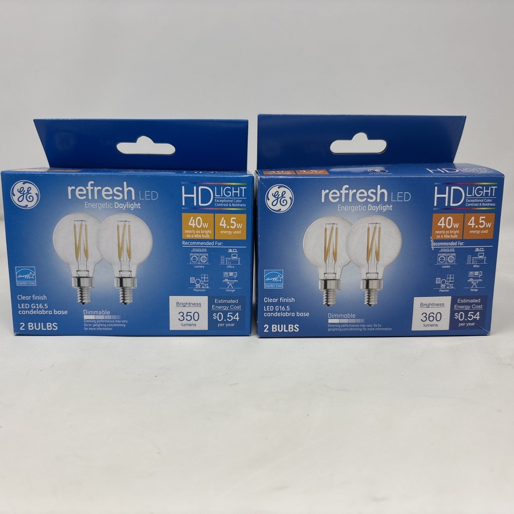 2-2 Pack GE Refresh HD LED G16.5 Daylight Candelabra E12 40W Eq Dimmable