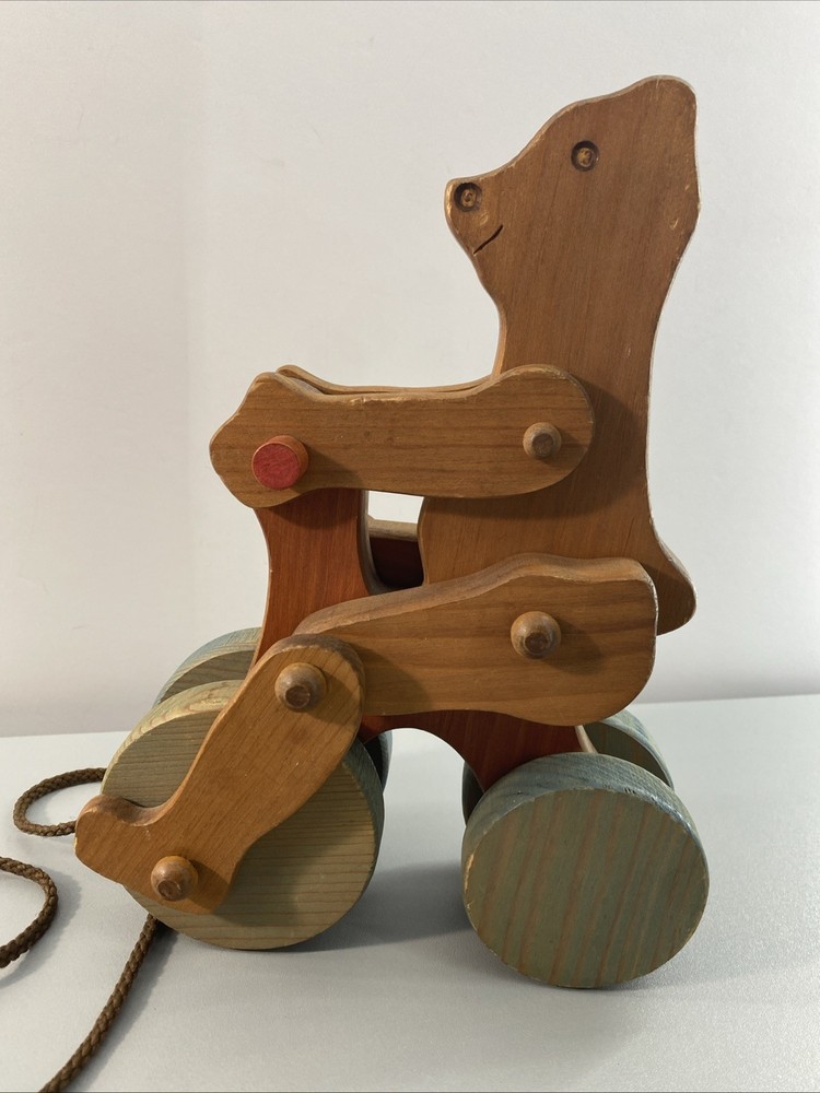 Vintage Wooden Bear Pull Toy String 10x7x4” Clacker Decor MCM
