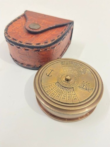 Engraved Brass Compass Robert Frost Poem, 100 Year Calendar With Leather Case