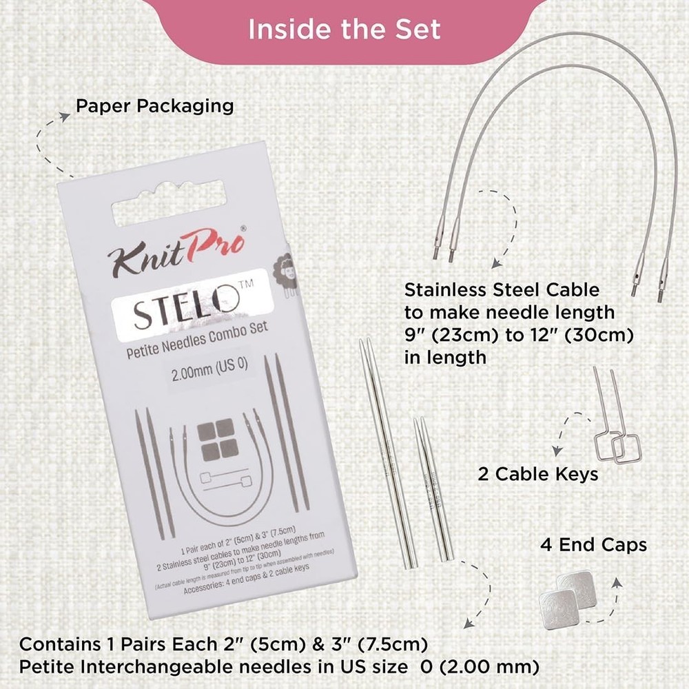 KnitPro Stelo Petite Interchangeable Knitting Needle Combo Set 2" & 3" Size 0- 2