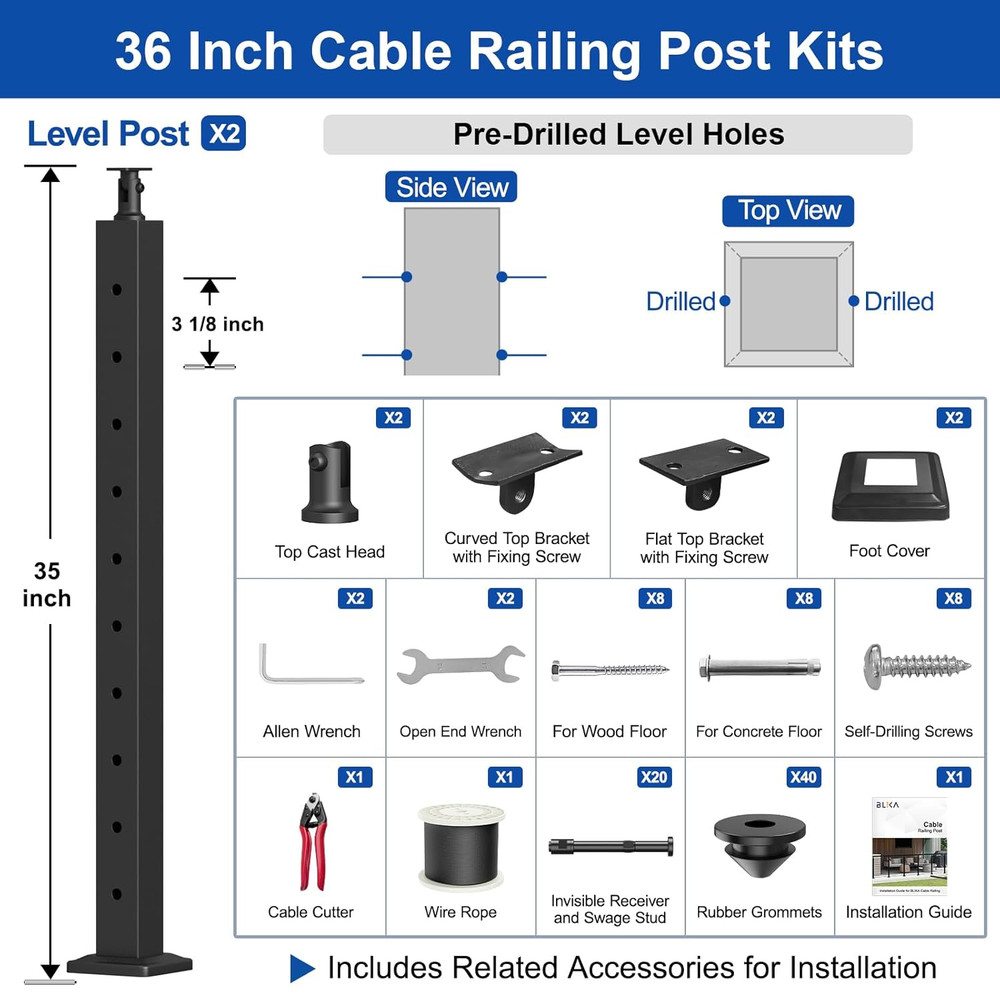 Complete Set 36" Cable Railing Post Kit, Black Surface Mount Adjustable Top Cabl