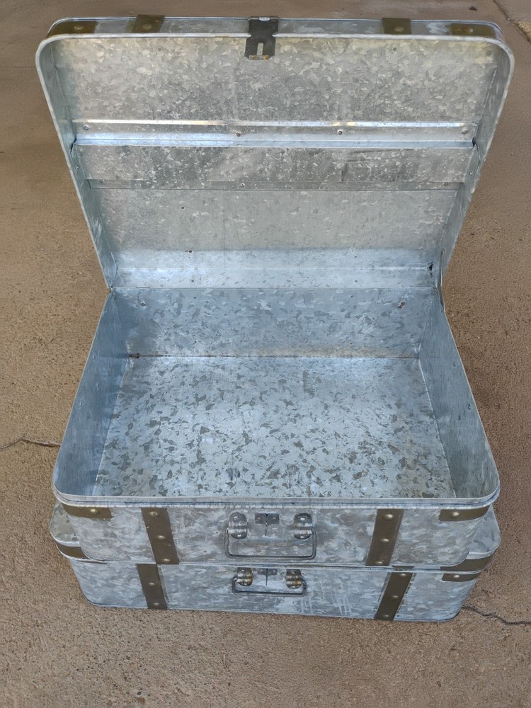 Galvanized 3pc Nesting Trunk Suitcase Lot Lockable Farm House Cottage Decor