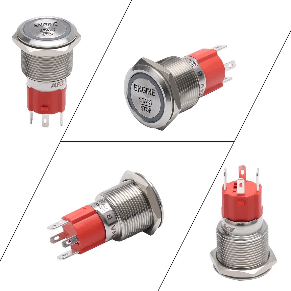 APIELE Push Start Ignition Switch, Off-(ON) Momentary, Silver Shell-Red
