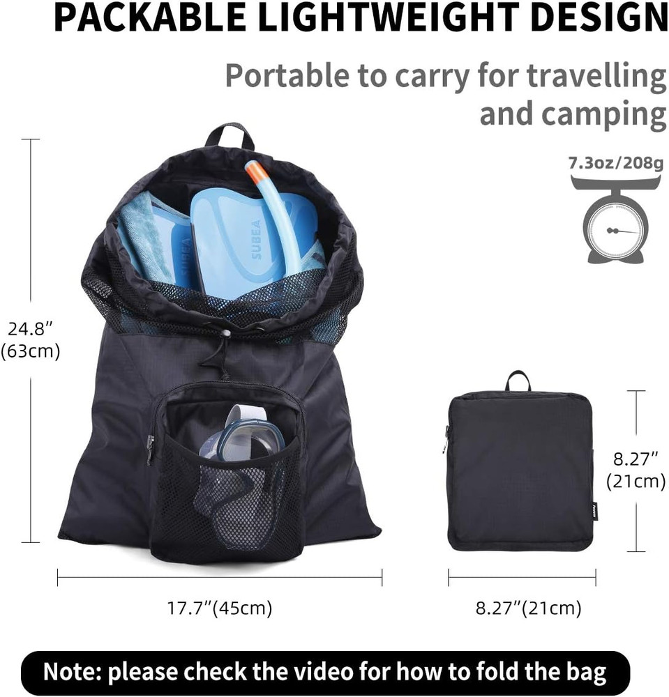 Packable Mesh Swim Drawstring Backpack, 35L Capacity, Lightweight Swim Bag