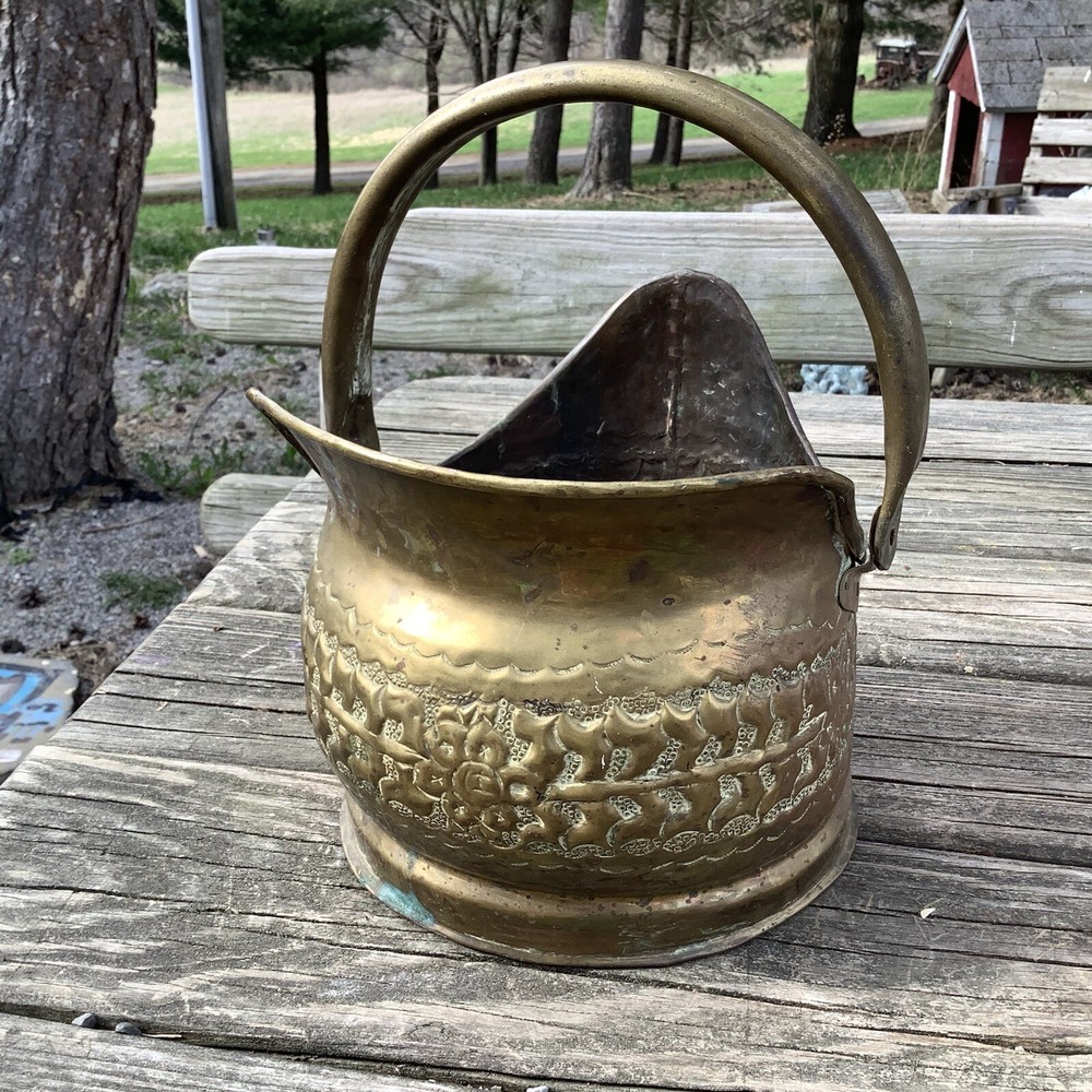 Vintage Hammered Brass Coal Scuttle Coal Bucket With Movable Handle