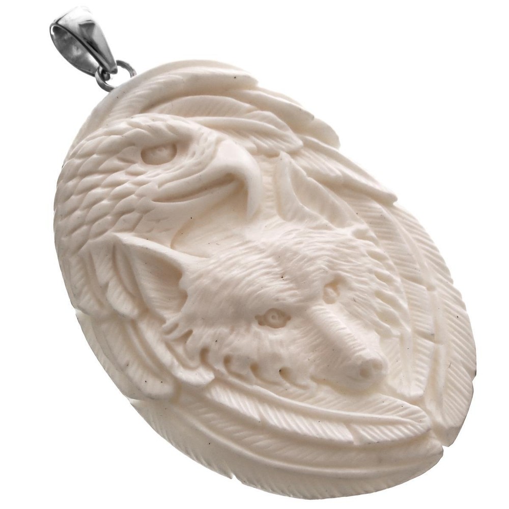 925 Sterling Silver Handcrafted Wolf And Eagle Bison Bone Pendant, 2 3/4"