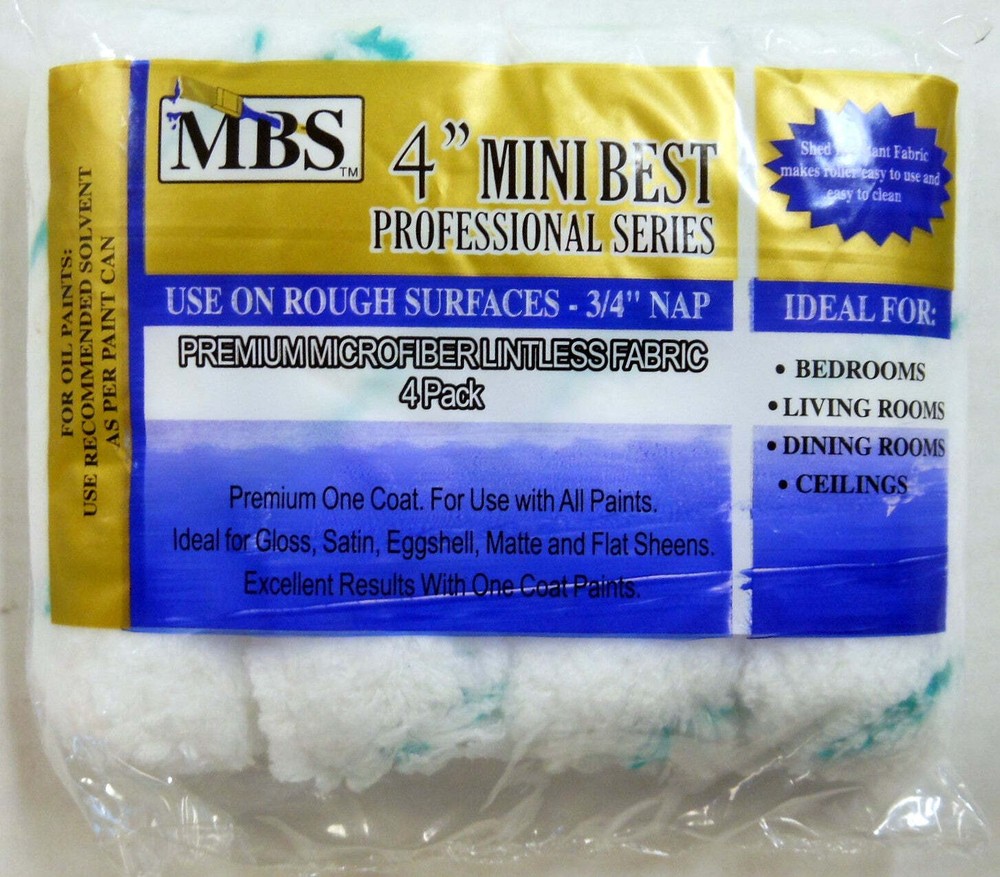 MBS 4pc 4" Mini Roller Covers 3/4" Nap Premium Microfiber