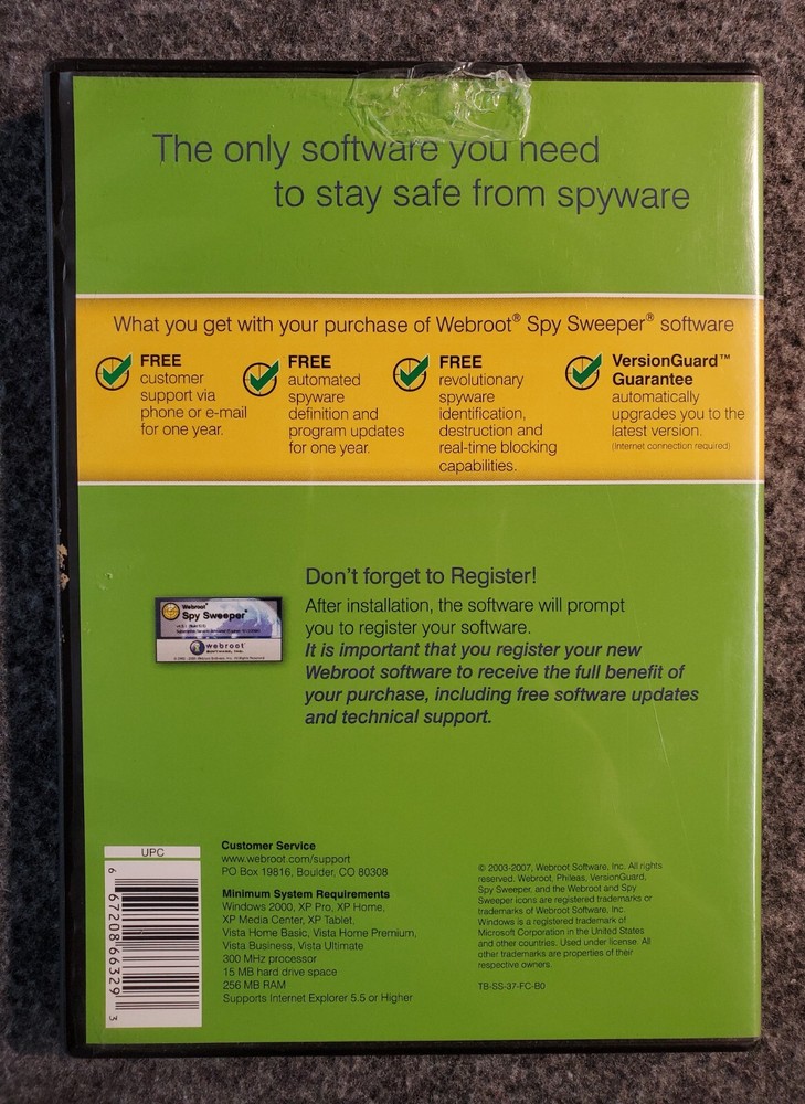 Webroot Spy Sweeper Windows Vista XP 2000 Computer Software CD-ROM in Case 2007