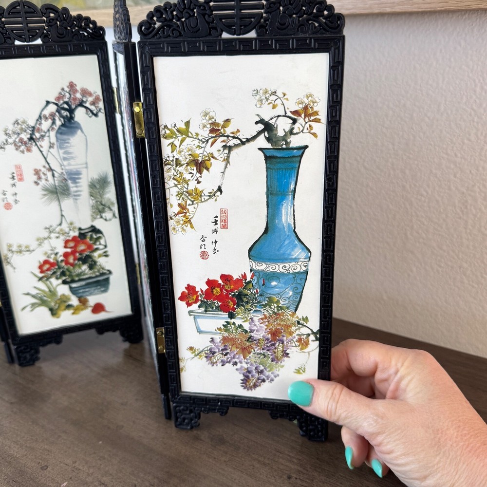 Chinese Mini Folding Screen PINGFENG 4 Panels Plastic - Both sides are different