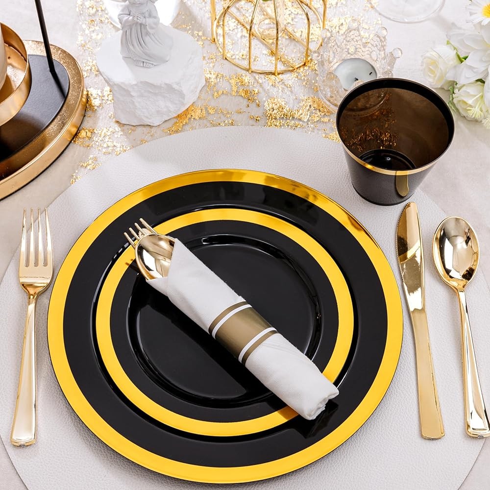 Bla and Gold Plastic Plates - Gold Disposable Dinnerware Sets for