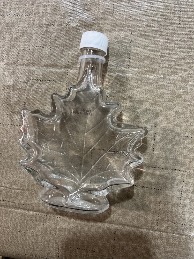 Empty Maple Leaf Pressed Glass Bottle With Lid 6.5” Stamped