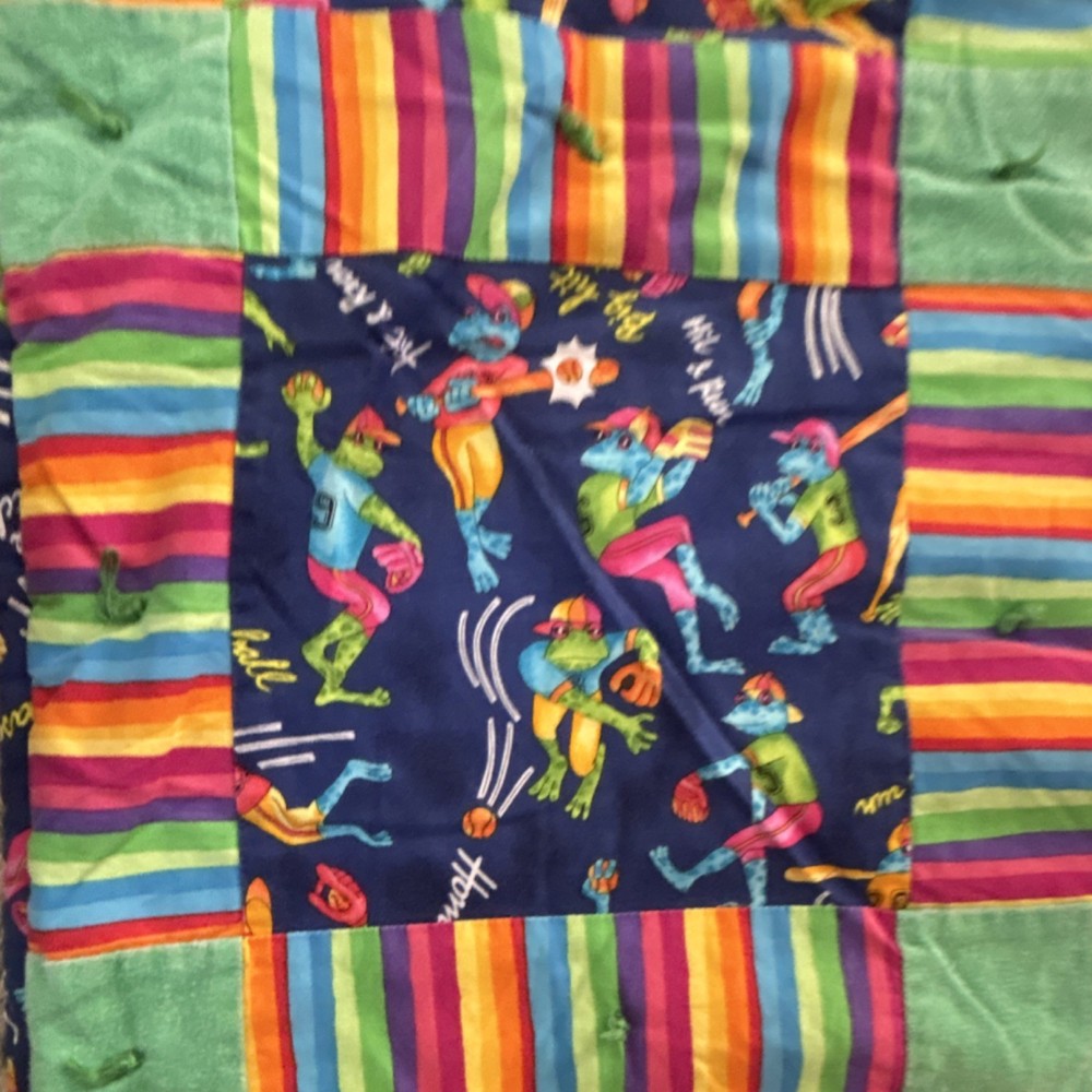 Handmade Multicolor Embroidered Patchwork Baseball Frog Sports Theme Quilt