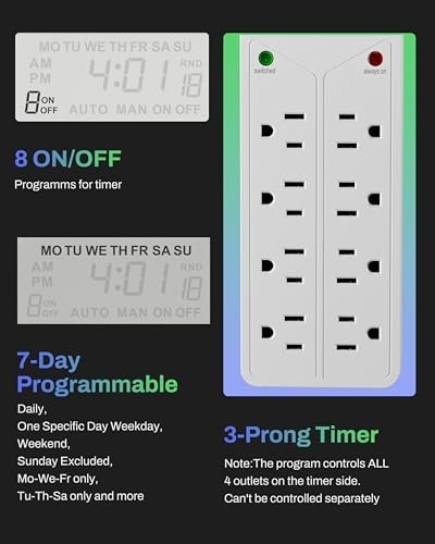 8 Outlet Surge Protector with 7-Day Digital Timer, 4 Timed & 4 Always On, White