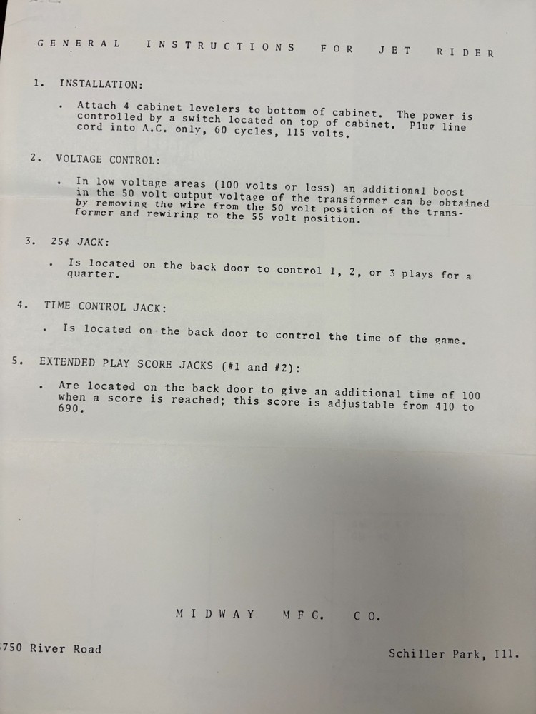 ORIGINAL-MIDWAY-JET RIDER-SCHEMATICS-GENERAL INSTRUCTIONS