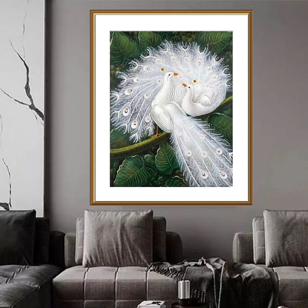Bead embroidery kit needlepoint DIY Beadwork stitching Two white peacock Beading