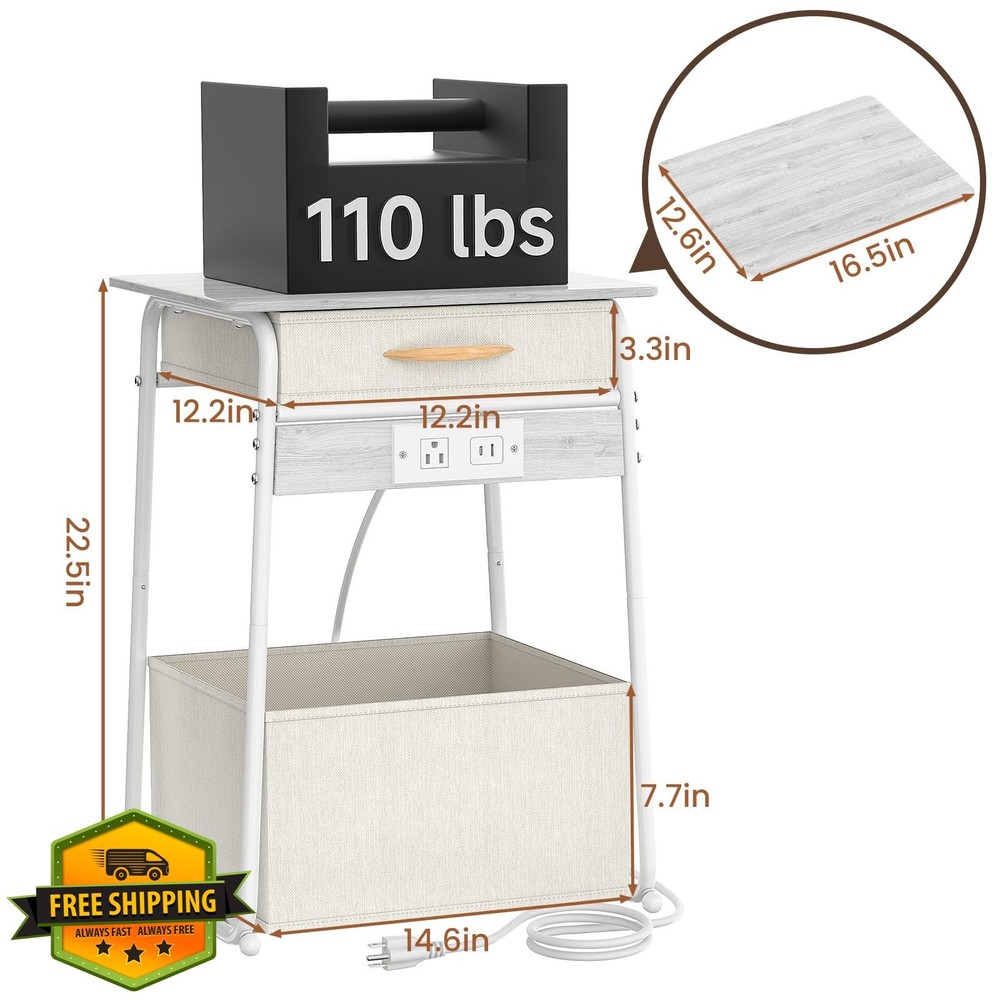 Olldide White 3-Tier Bedside Table w/ USB Charging Station