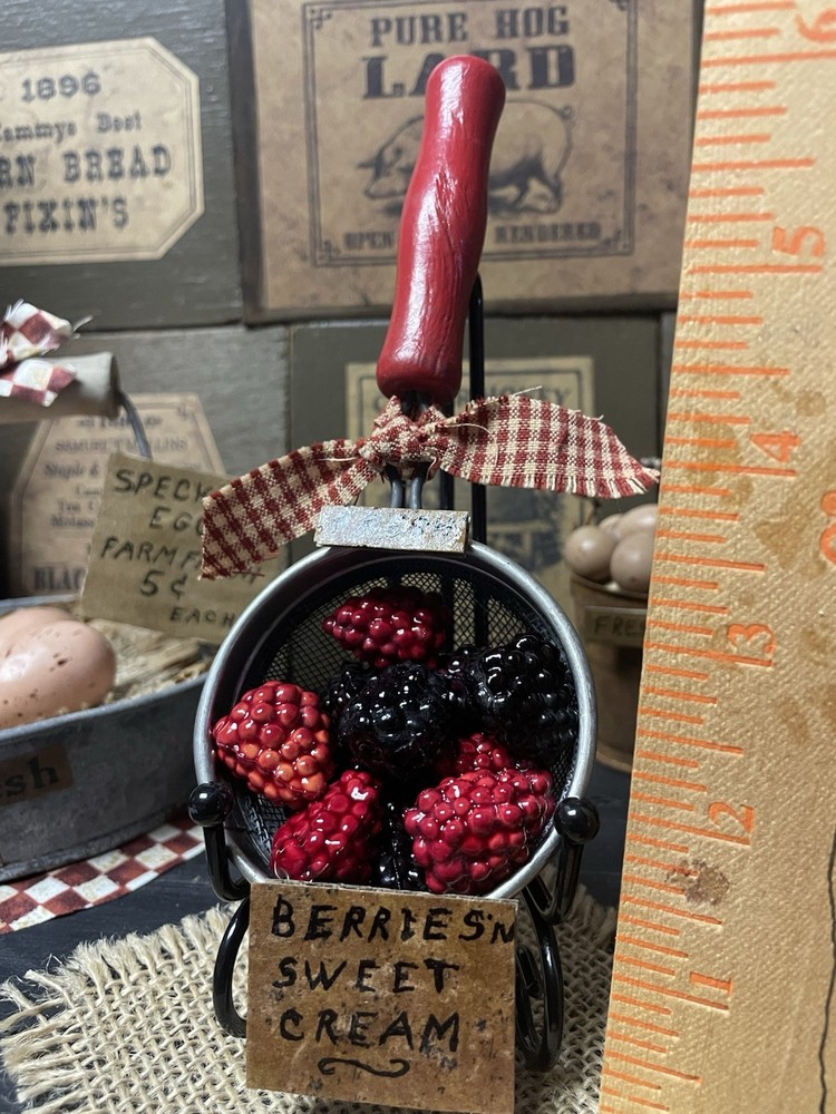 PRIMITIVE FARMHOUSE KITCHEN DECOR REPURPOSED SIFTER STRAINER BERRIES N CREAM