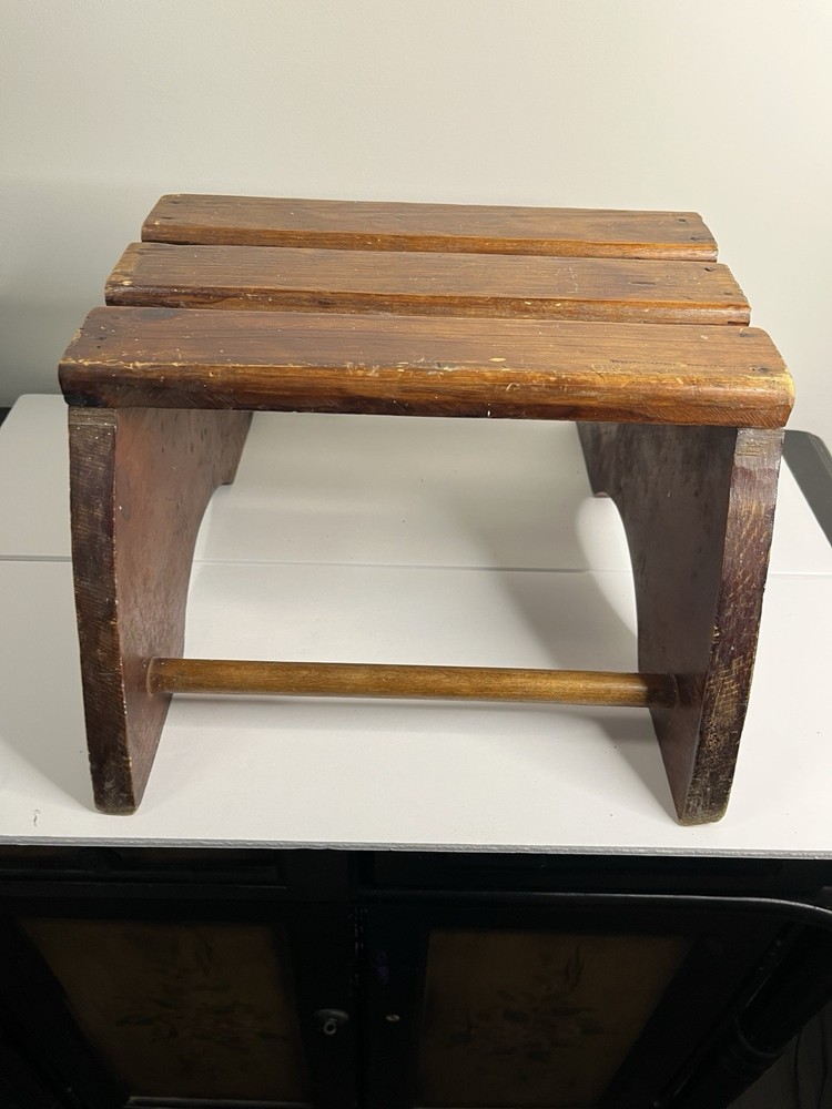 Vintage Handcrafted Oak Wood Step Stool Primitive Distressed Solid Foot Bench