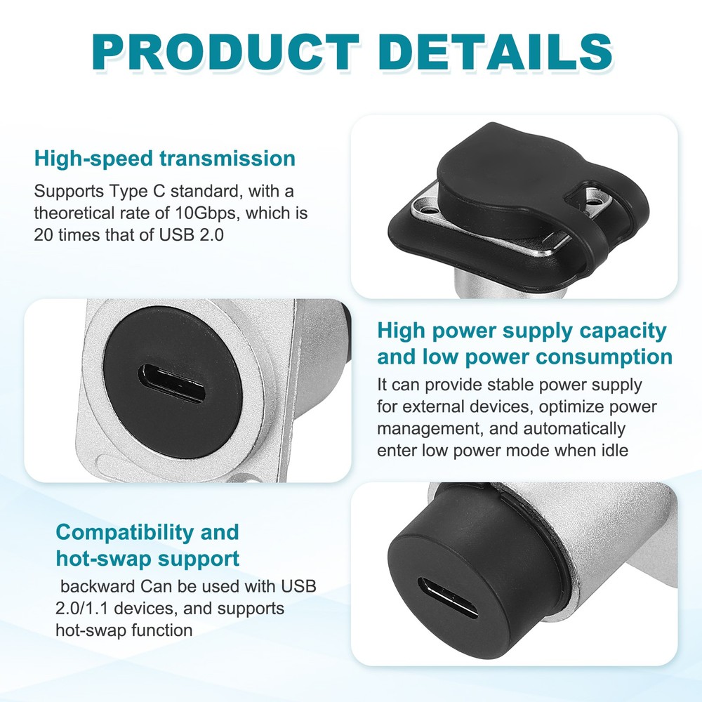 1Pcs Type C Panel Mount Coupler, D-Type USB C Pass Through 10Gbps Silver