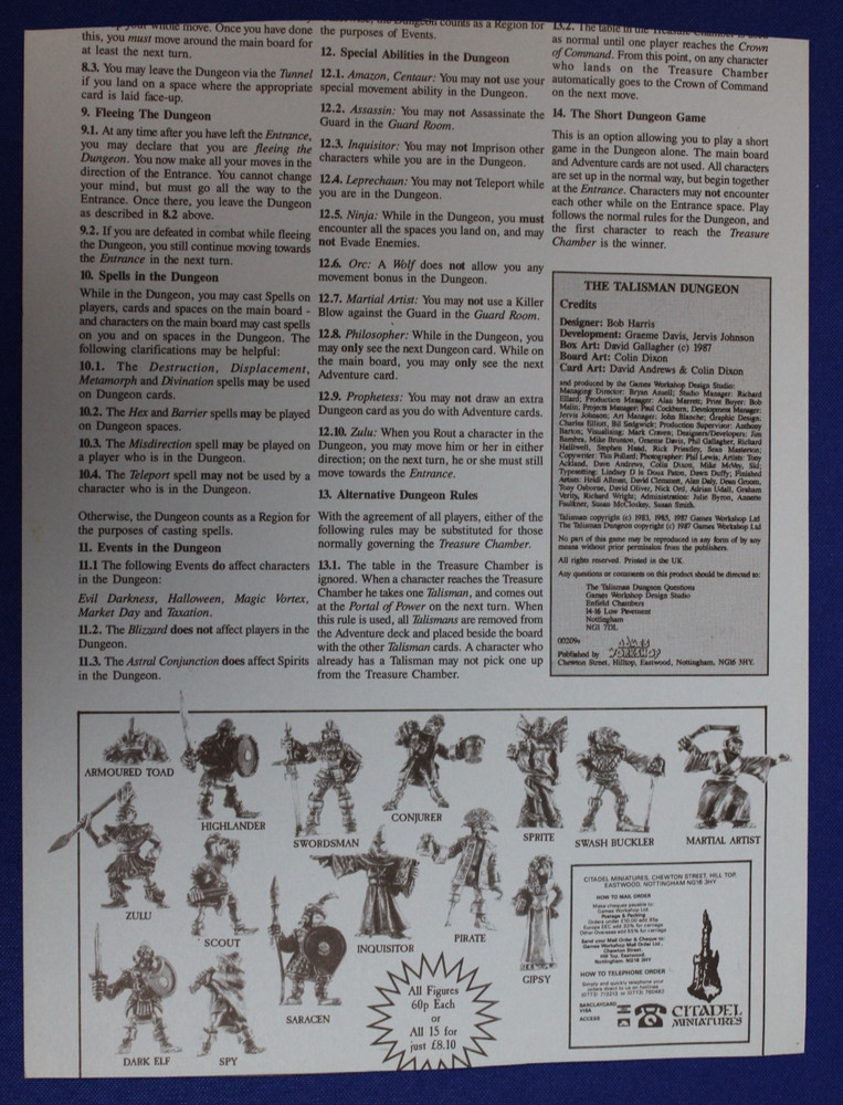 Games Workshop 1987 Talisman Dungeon Board Game Expansion No Box Complete