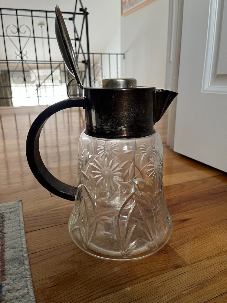 Vintage Germany Silver Plate Large Crystal Carafe Pitcher Cooler