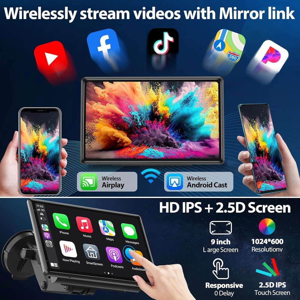 Wireless CarPlay AndroidAuto Screen - Portable Dash 9" HD, Strongest Mount