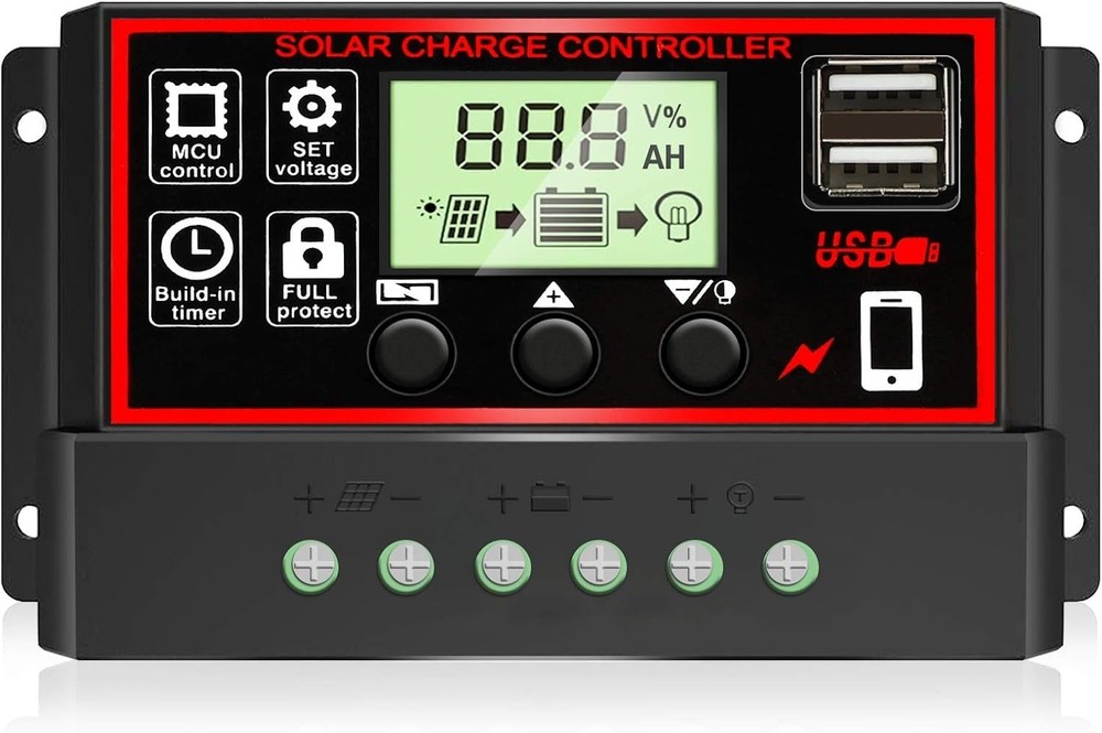 30A PWM Solar Charge Controller with Dual USB & LCD Display for 12V/24V Systems