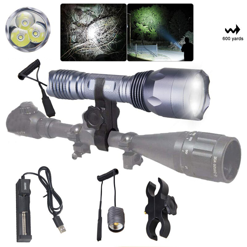 Hunting LED Flashlight Torch Rechargeable 800Yard 2000LM White Light Scope Mount