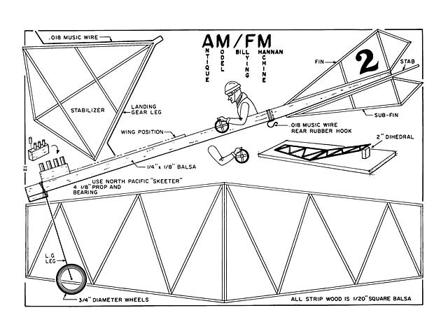 AM-FM Rubber Stick Model 1" Wing RC Model Airplane Printed Plans &Templates